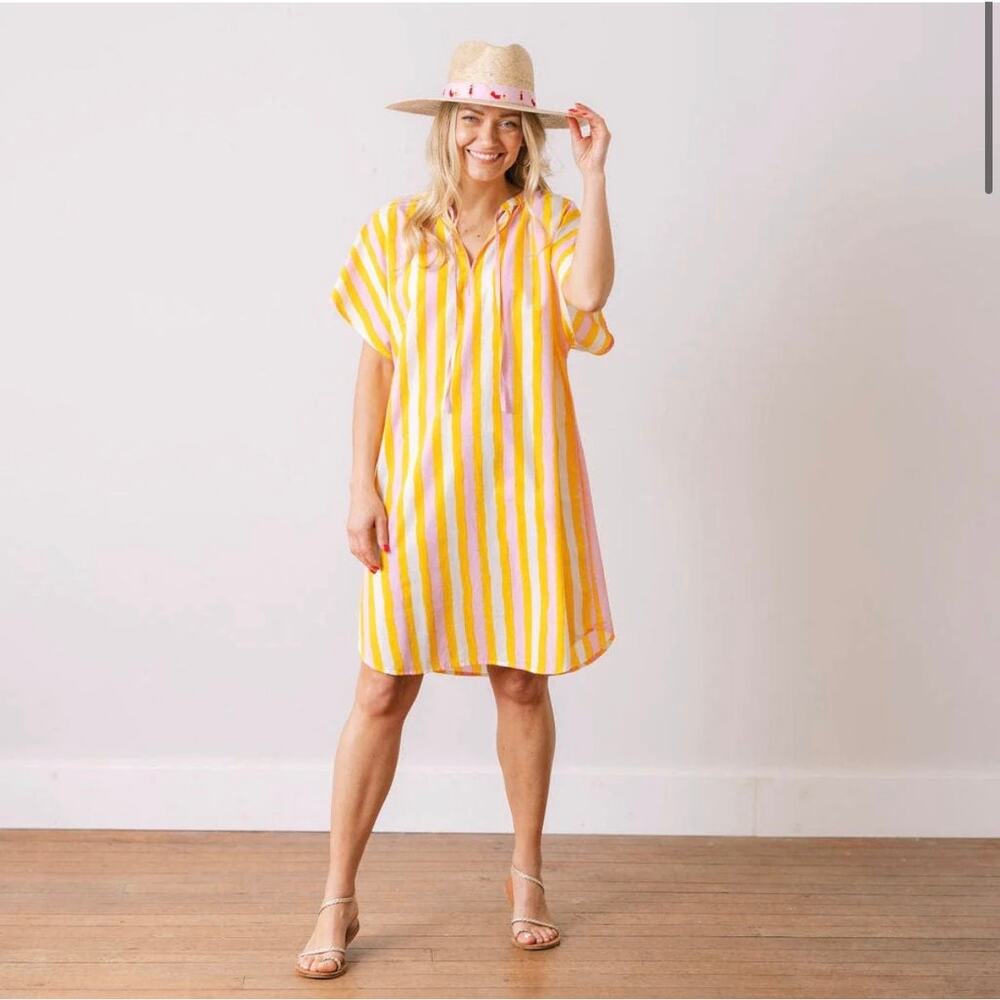 Sunshine Tienda Pink Yellow White Stripe Shift Sundress Resort Tropical Beach